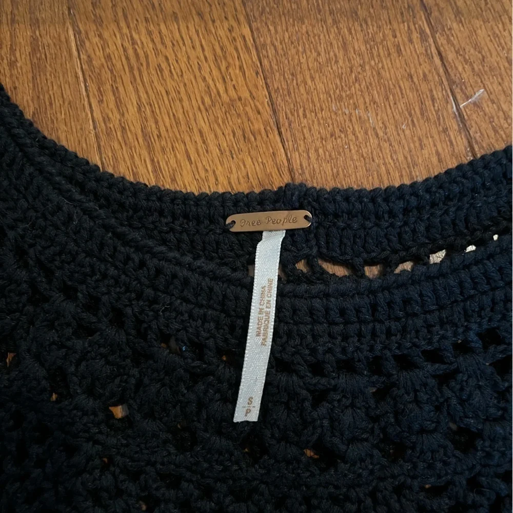 Free People | Crochet Knit‎ Top Small Black Bohemian Cap Sleeve Linen Cotton